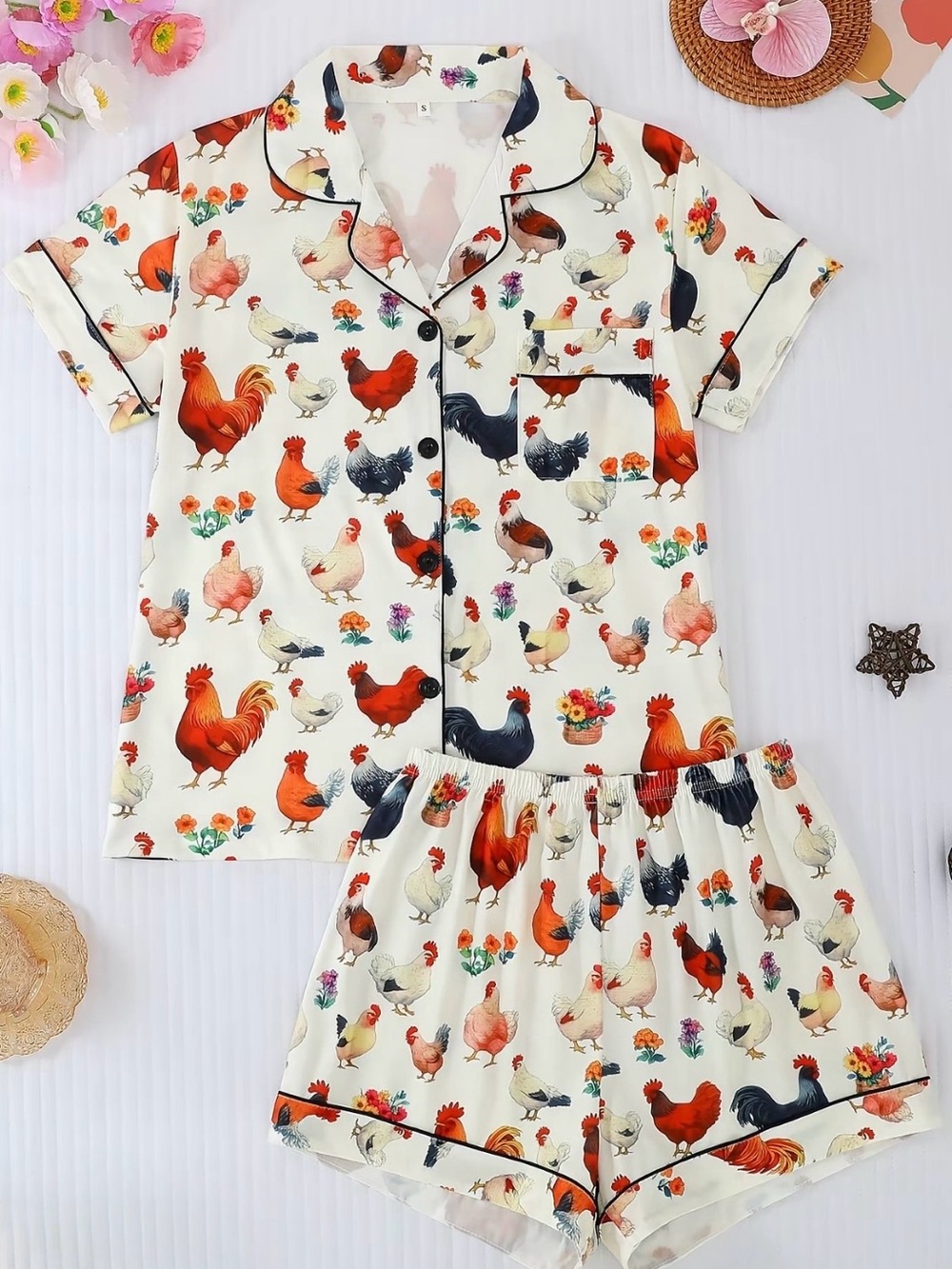 Cream Chicken-Print Short Pajama Set for Women